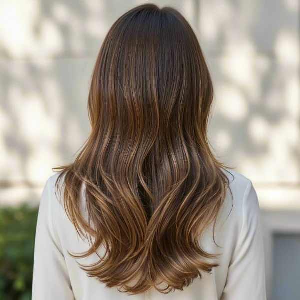 A woman with brown thin straight hair has long layers hairstyle standing in a garden.