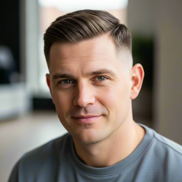 A fair-skinned man with brown hair and a square face has a classic taper fade as his masculine haircut for square face sitting in a room.