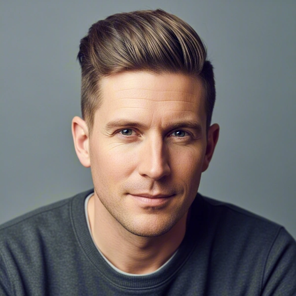 A fair-skinned man with brown hair and a square face has a side part pompadour as his masculine haircut for square face in front of a blue-grey background.