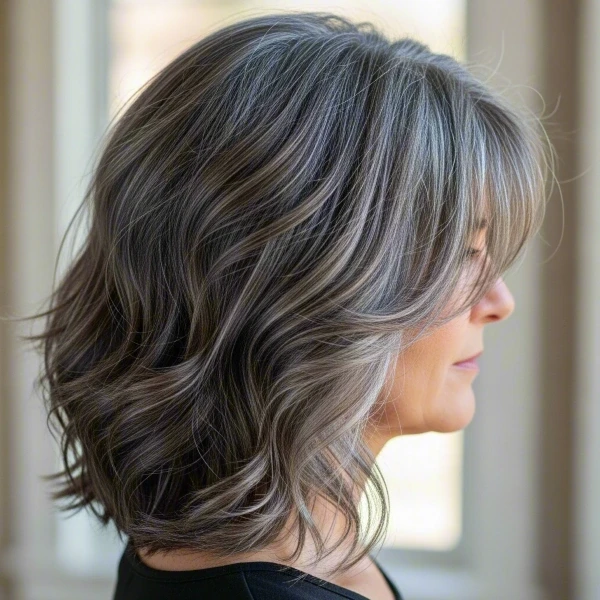 A fair-skinned woman with blue-gray hair has a layered style as her short haircut for gray hair sitting in front of a window.