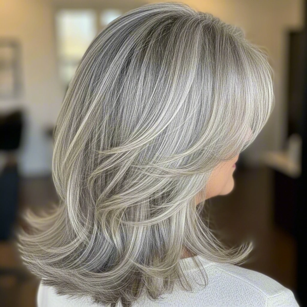 A fair-skinned woman with gray hair has soft layers as her hairstyle for 50 and over sitting in room.