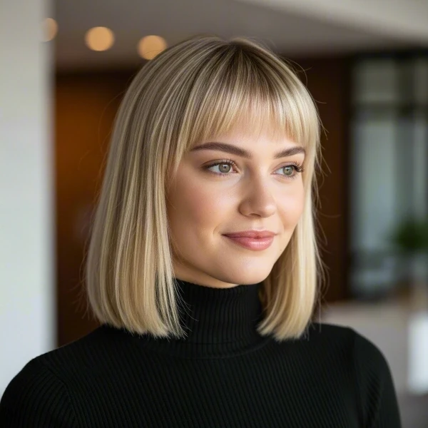 A fair-skinned woman with blonde hair has wispy bangs standing in a room.