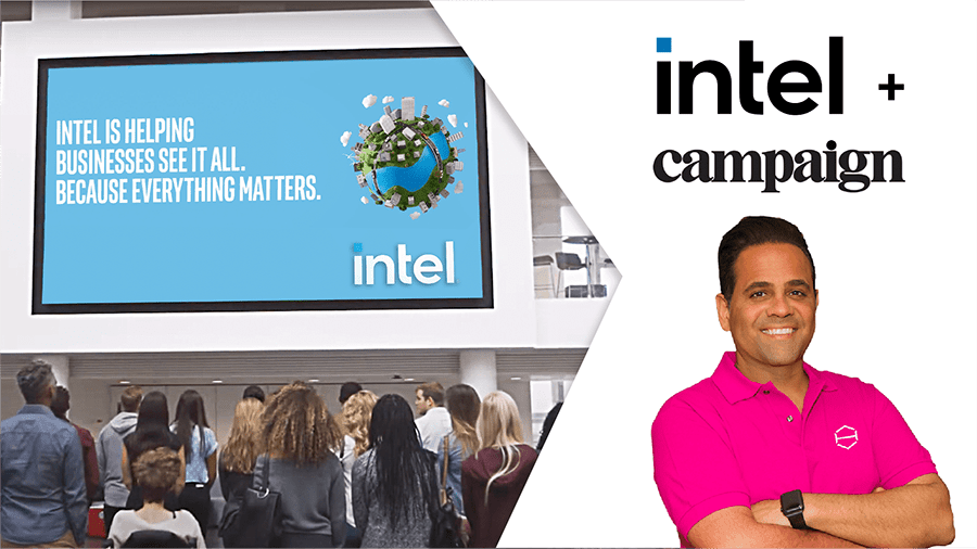 Image of digital board in Japan with Intel and Campaign Connect logos and headshot of Andreas Soupliotis, CEO of Hivestack.