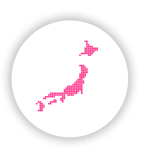 Image of an outline of Japan in pink dots within a hexagon on a pink background.