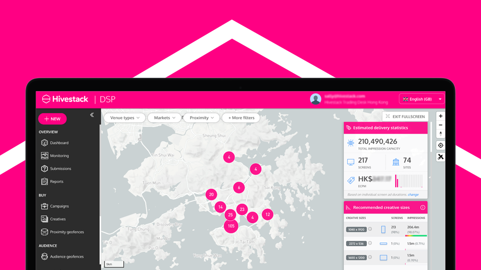 Image of Hivestack's platform with view of Hong Kong map and new locations of digital inventory