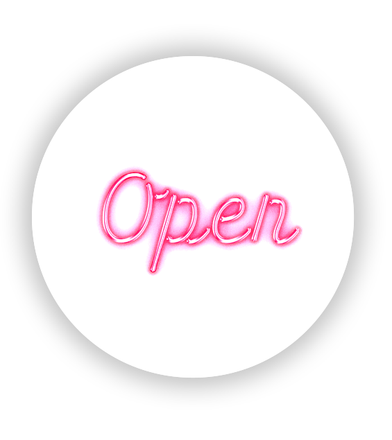 Image of a pink open sign within a hexagon on a pink background.