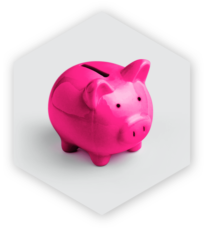 粉红色背景上六角形画框内猪仔存钱罐的图像。