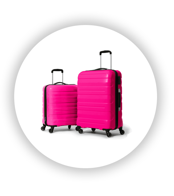 Image of two pink suitcases within a hexagon on a pink background.