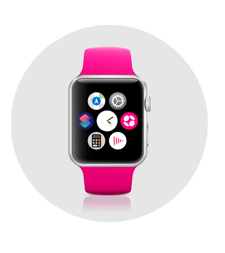 ピンクを背景にした六角形の中に、Apple Watchがある画像。