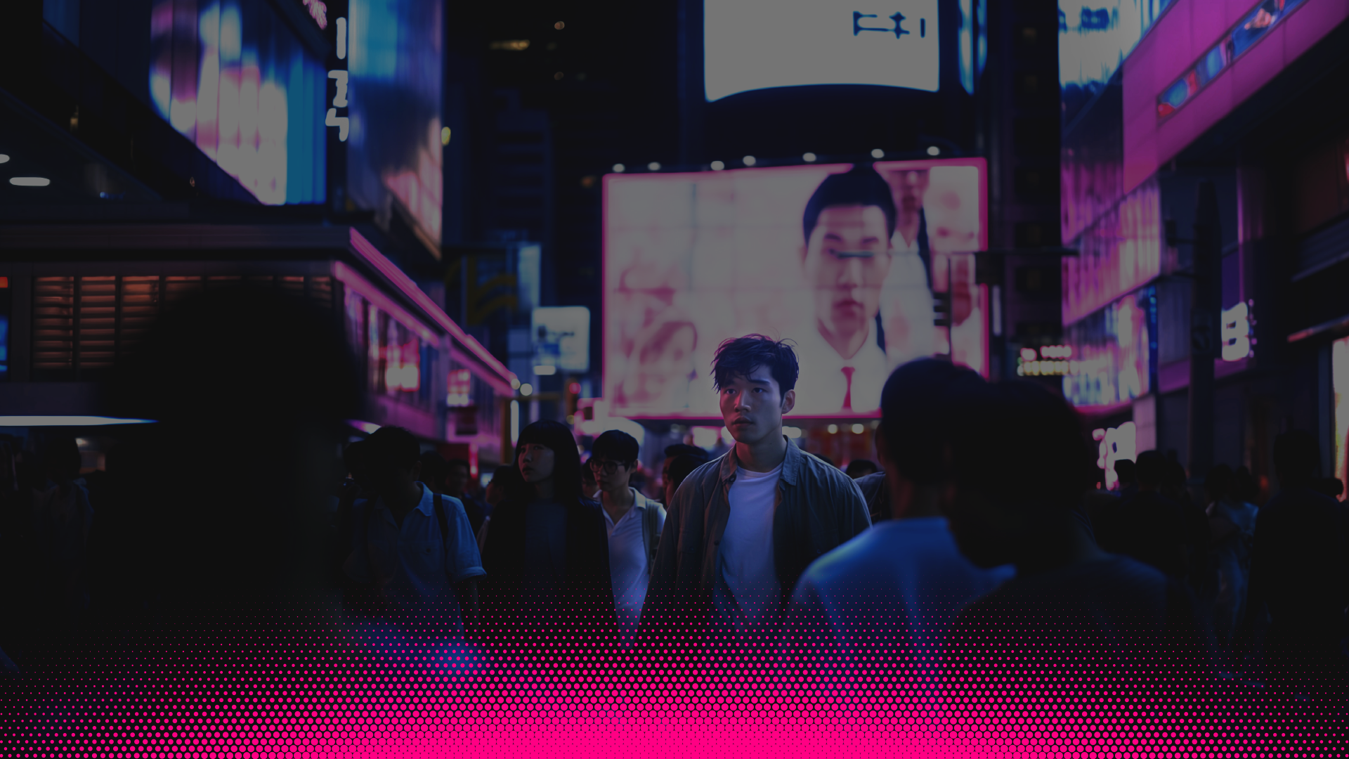 City skyline with tall buildings, lights and pink neon lines moving towards the sky.
