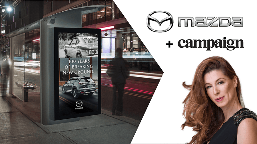 Image of DOOH board in Toronto with Mazda and Campaign Connect logos and headshot of Nikki Hawke, CMO of Hivestack.