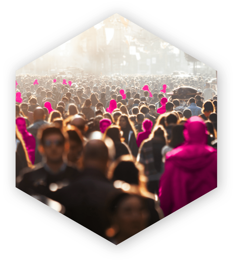 Image of a crowd of people, including some people highlighted in pink, within a hexagon on a pink background.