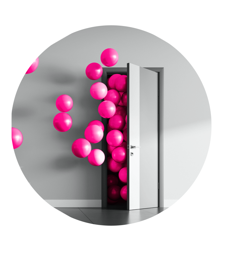 Image of pink balloons coming from an open door within a hexagon on grey background.