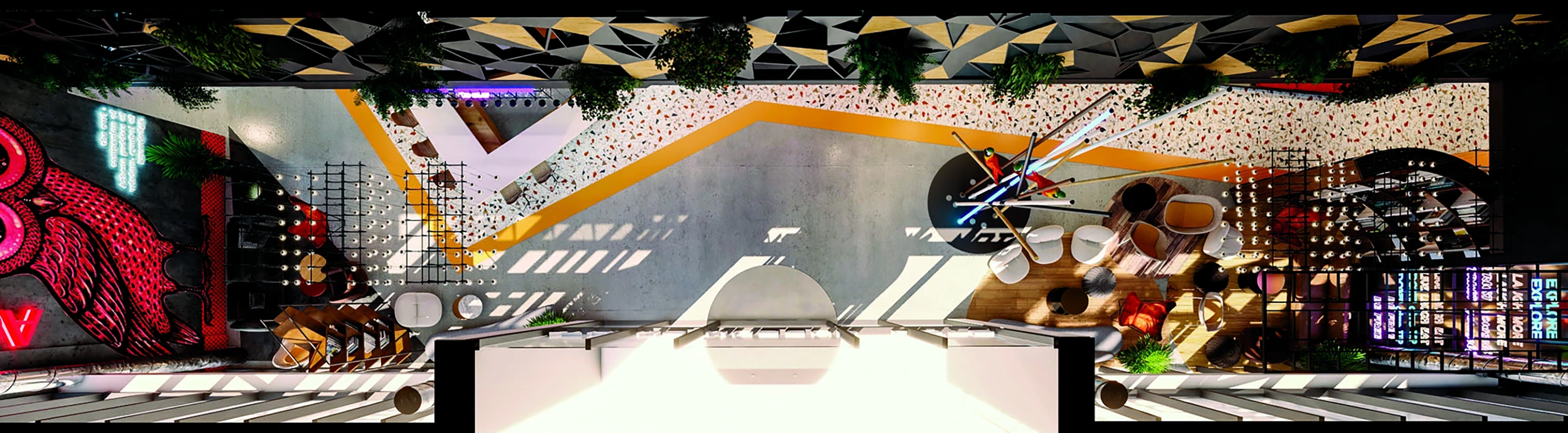 The lobby of the IBIS hotel and a street-level bar. The visitor is invited to explore the typical symbols and flavors of the capital’s daily life as they pass through the gallery and the double glass door, which opens up a funky Athens universe.