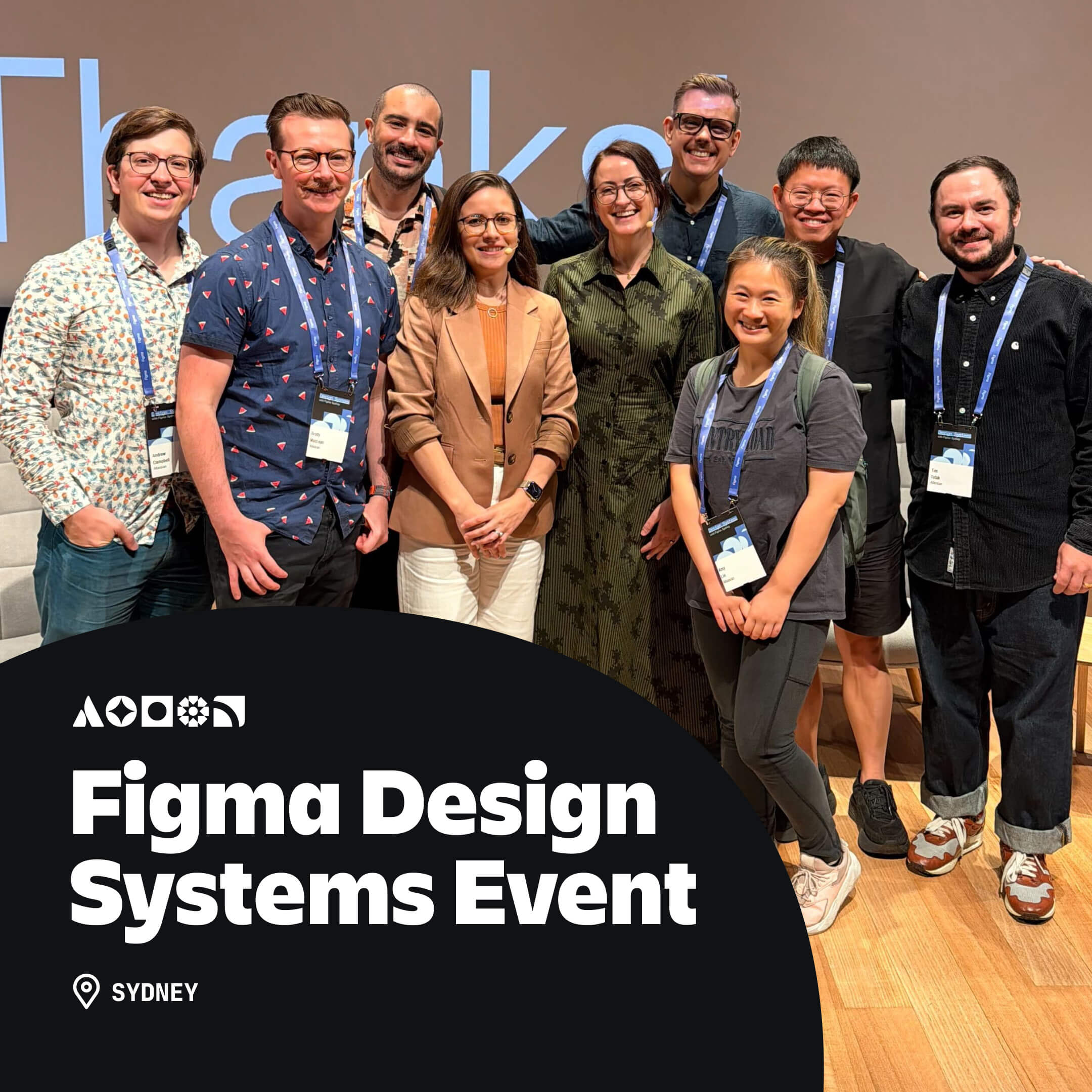 A group of designers at an event. A caption says "Figma Design Systems Event"