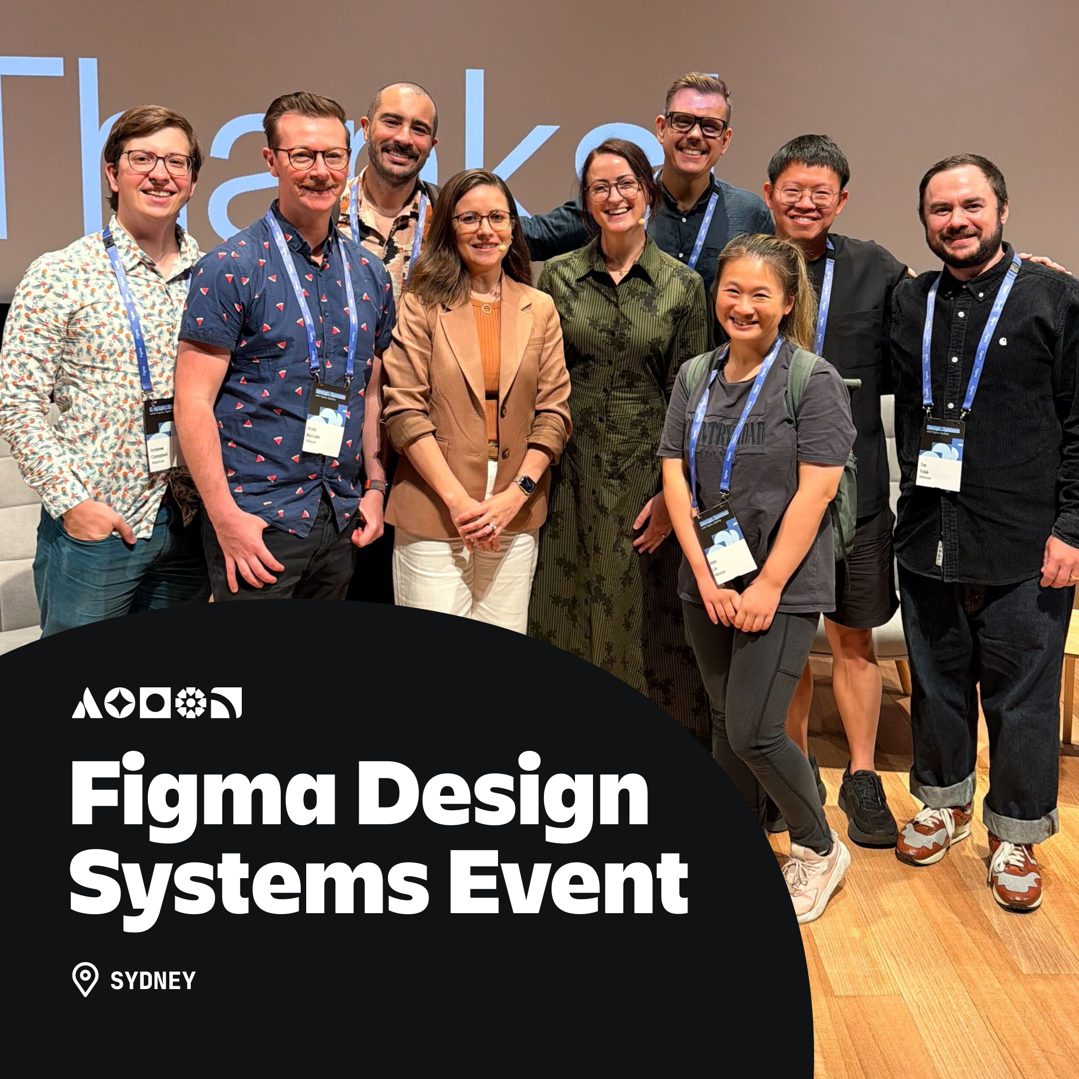 A group of designers at an event. A caption says "Figma Design Systems Event"