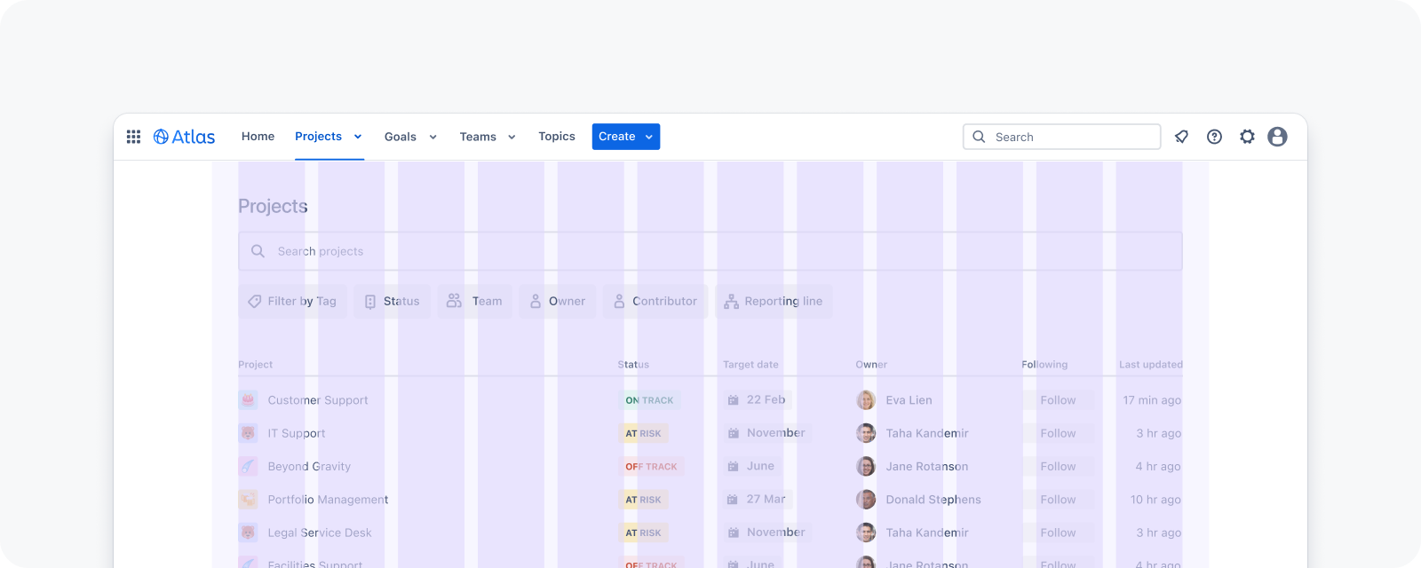 Fixed-wide grid applied on an Atlas projects screen