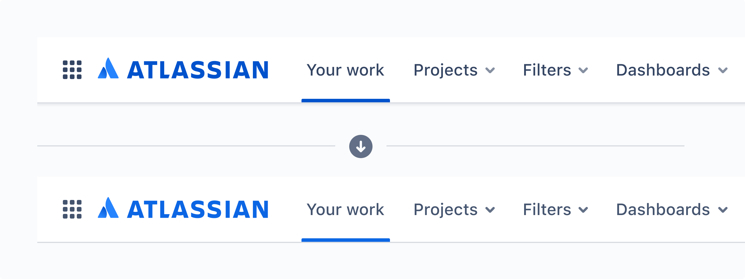 A comparison of the Atlassian top navigation bar using the old elevation style with a slight shadow and the new one with a simple border separating it from the rest of the UI.