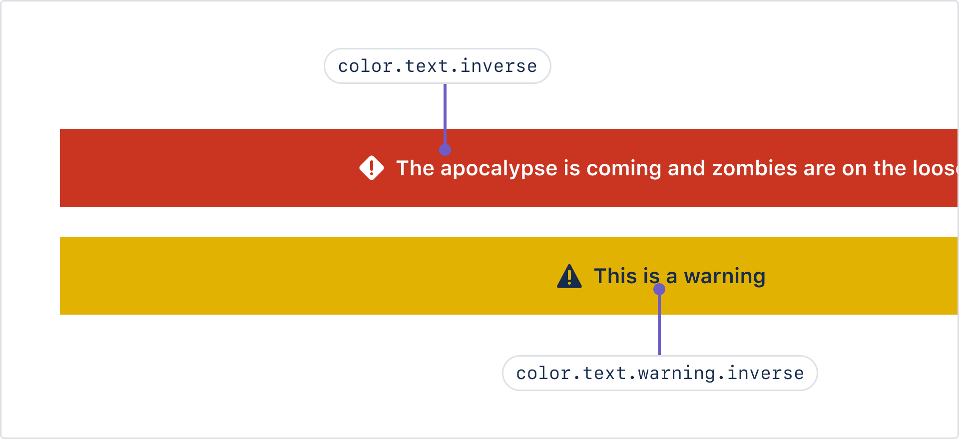 A danger banner and warning banner with text. The danger banner text is using “color.text.inverse”, and the warning banner text is using “color.text.warning.inverse.”