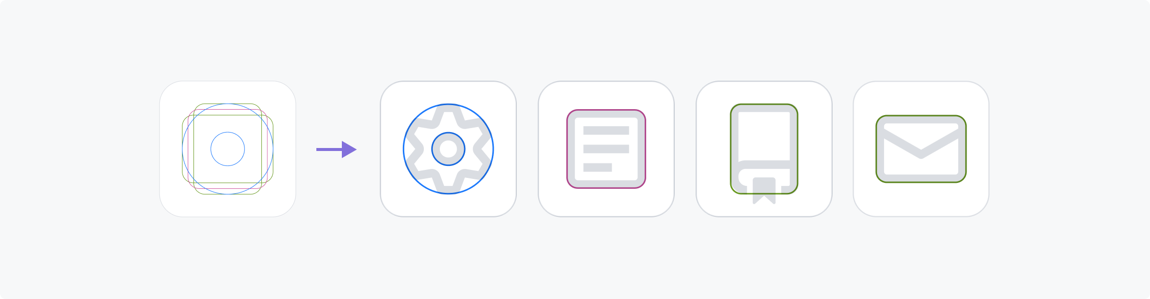 Four icon templates showcasing the typical shapes and placements of Atlassian icons. There's a circle, rounded square, and both a horizontal and vertical rounded rectangle.