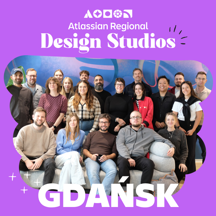 A group of designers at an office. A caption says "Atlassian Regional Design Studios - Gdansk.
