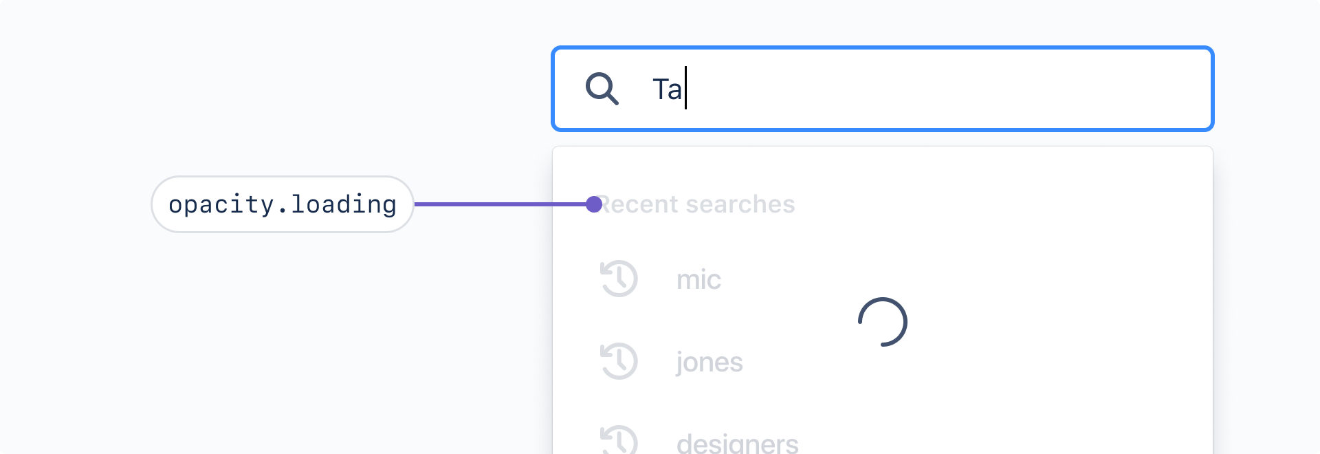 The content in a search dialog is labelled with an overlay token "opacity.loading" because it is sitting underneath the loading spinner. 