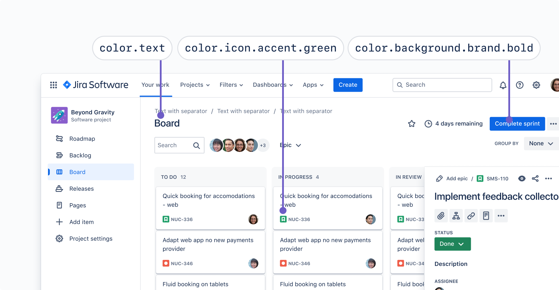 Screenshot of a Jira board mapped to different token examples. The board title uses “color.text”, task icon uses “color.icon.accent.green”, and the button background uses “color.background.brand.bold.”