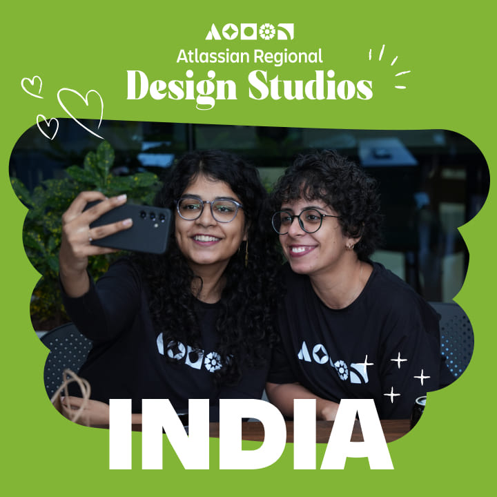 Two attendees taking a selfie at an event. A caption says "Atlassian Regional Design Studios - India.