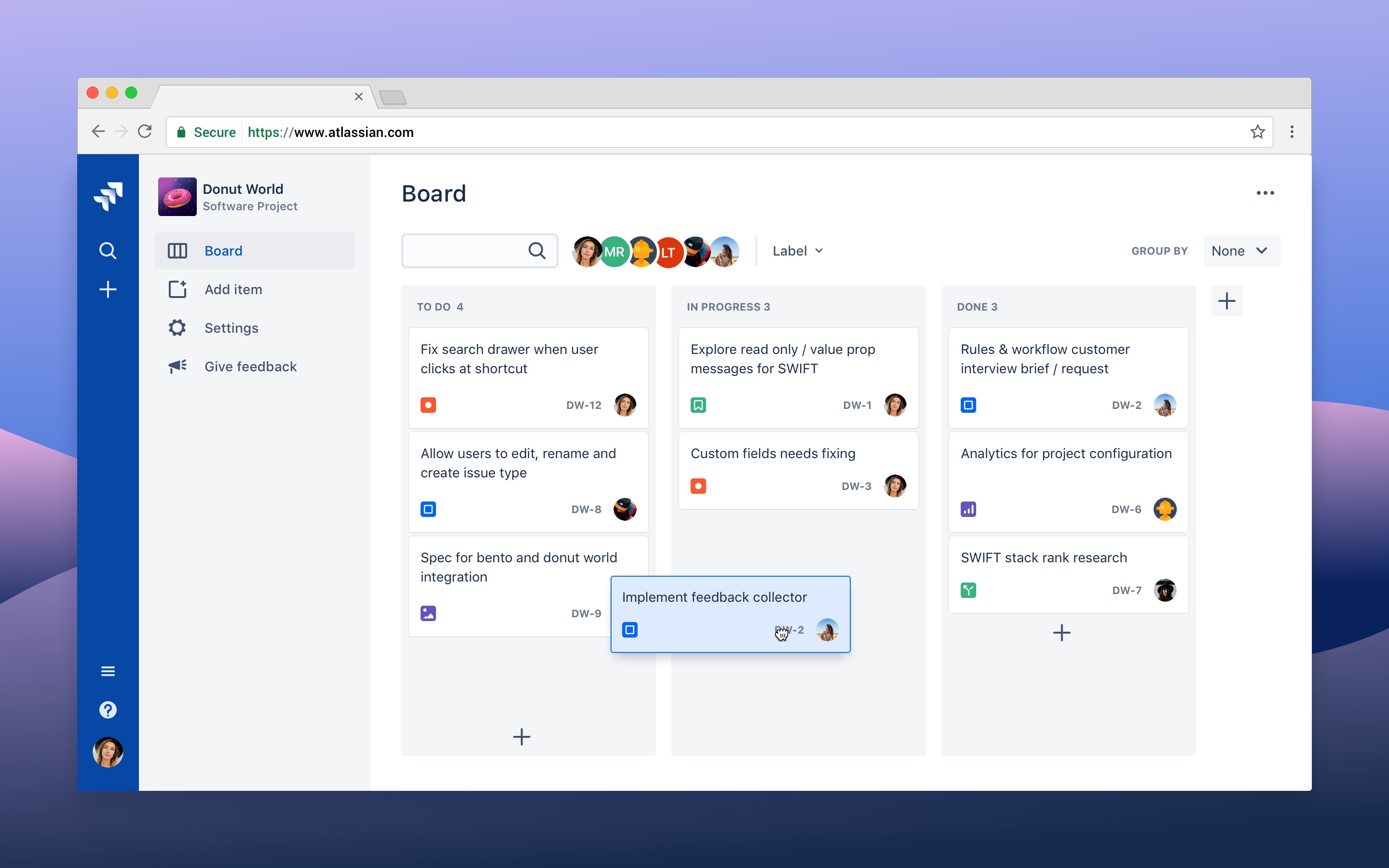 A Jira agile board showing an inflection point example as the admin moves an issue across the board.