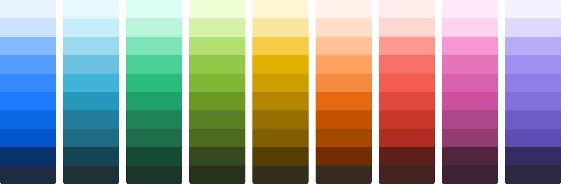 Color ramps for all saturated colors, which are blue, teal, green, lime, yellow, orange, red, magenta, and purple.