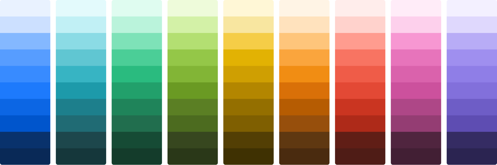 Color ramps for all saturated colors, which are blue, teal, green, lime, yellow, orange, red, magenta, and purple.