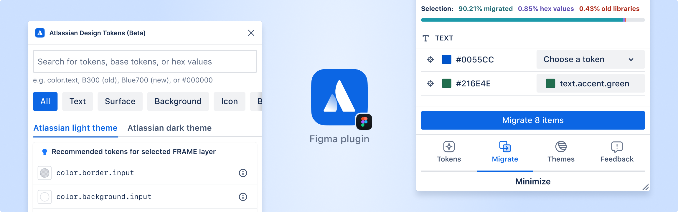 A promotional image showcasing the Atlassian Design Tokens Figma plugin. On the left, a screenshot of the plugin interface shows the tokens view with a search field and filters for finding tokens. On the right, another screenshot of the plugin interface shows the token migration view with pairs of matched tokens. A blue icon with a white Atlassian logo is displayed between the two screenshots, representing the plugin's icon.
