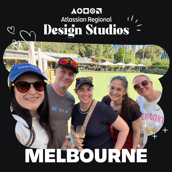 Five attendees taking a group photo at an event. A caption says "Atlassian Regional Design Studios - Melbourne.