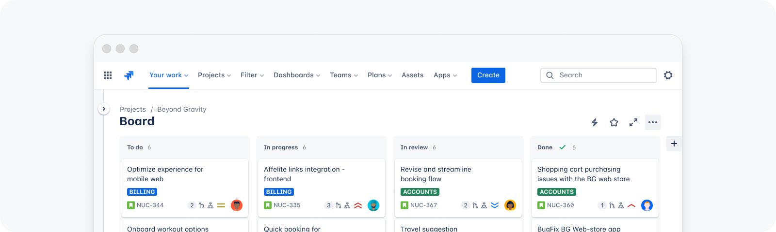 An example showing what fonts look like in an Atlassian product, using a Jira board to demonstrate.