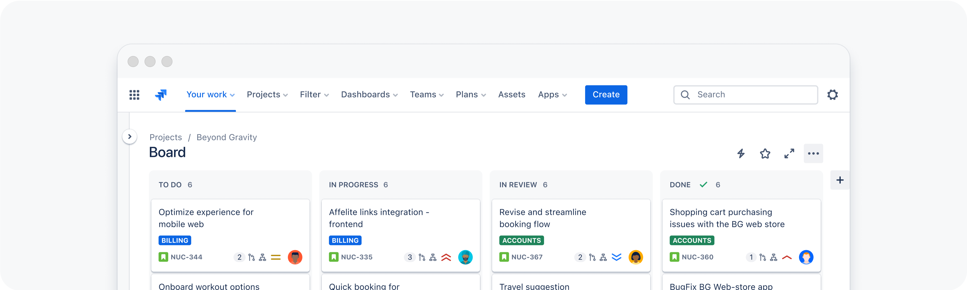 An example showing what fonts look like in an Atlassian product, using a Jira board to demonstrate.