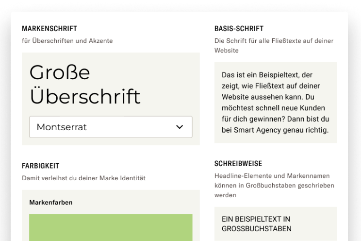 Es wird ein Screenshot aus unserem Marken-Design dargestellt. Hier werden Schrift, Farbe und Designform für Buttons und Kacheln via KI gestaltet.