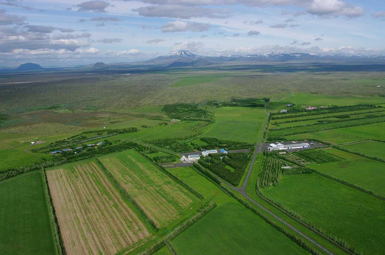 View over Gunnarsholt in Rangárvellir and to Mount Hekla at center in the background. Photo: Land and Forest Iceland/Mats Wibe Lund.