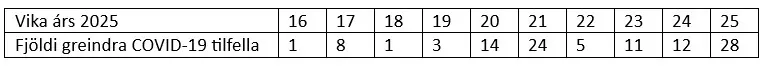 Tafla 1. Vika árs 2025 COVID