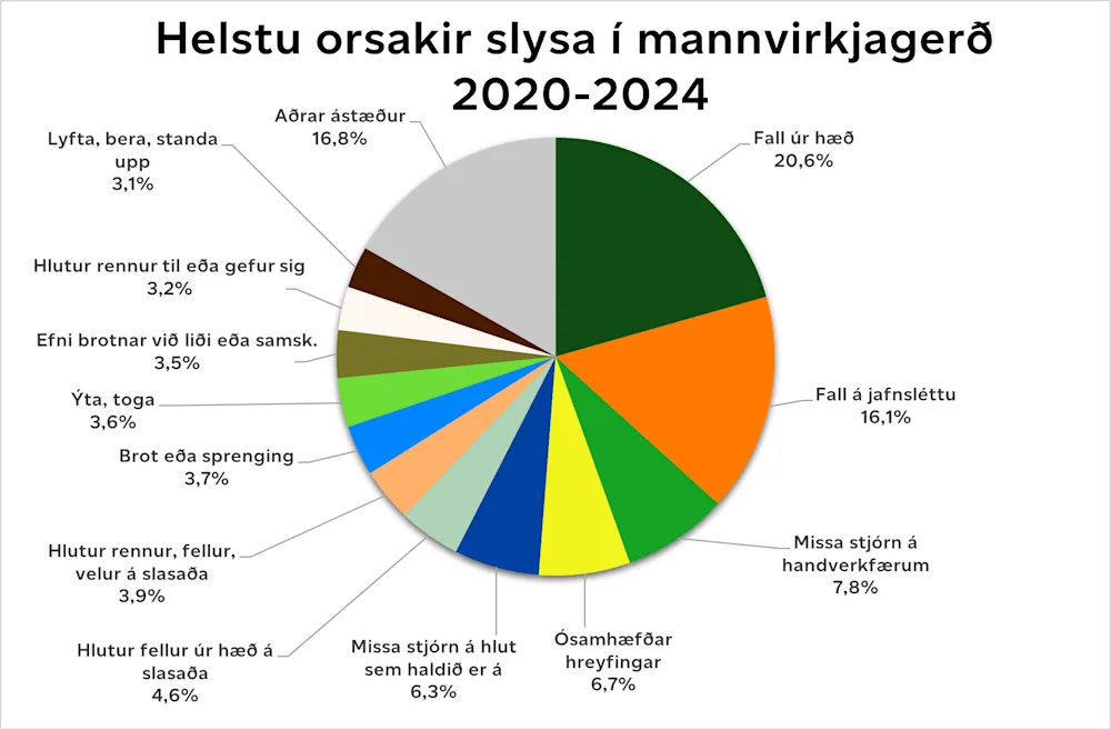 Heimild: Vinnueftirlit ríkisins
Mynd 3. Helstu orsakir slysa í mannvirkjagerð 2020 – 2024.
