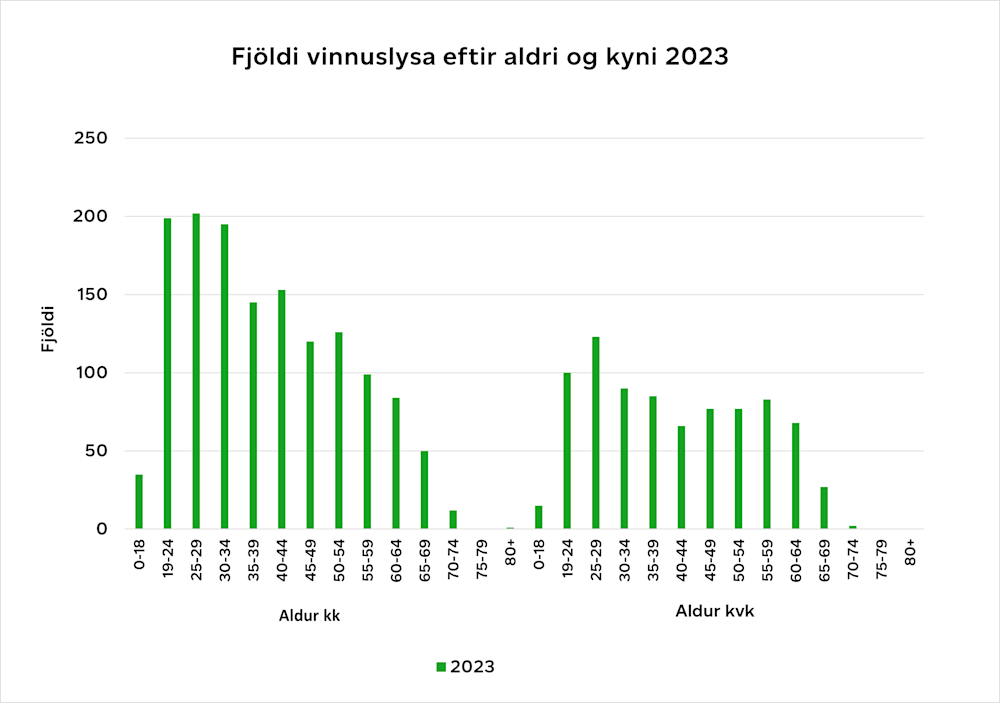 Fjöldi vinnuslysa eftir kyni og aldri 2023