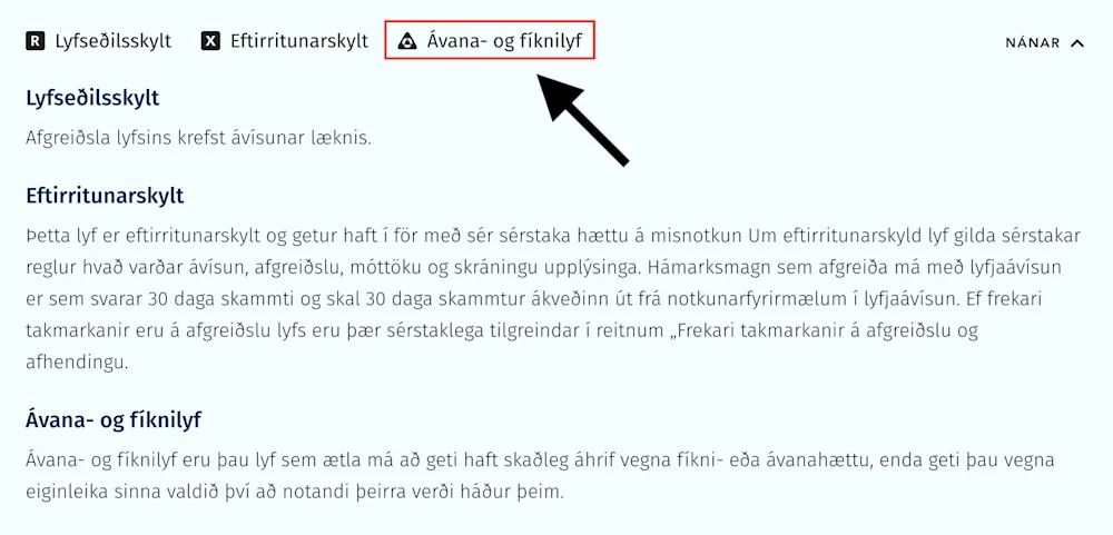 Skjáskot úr Sérlyfjaskrá þar sem búið er setja kassa og ör sem vísar á merkingu ávana-og fíknilyfja
