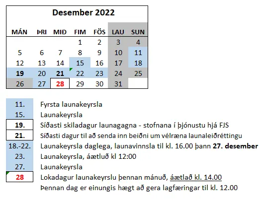 Launavinnsluáætlun desember 2022 - mikilvægar dagsetningar