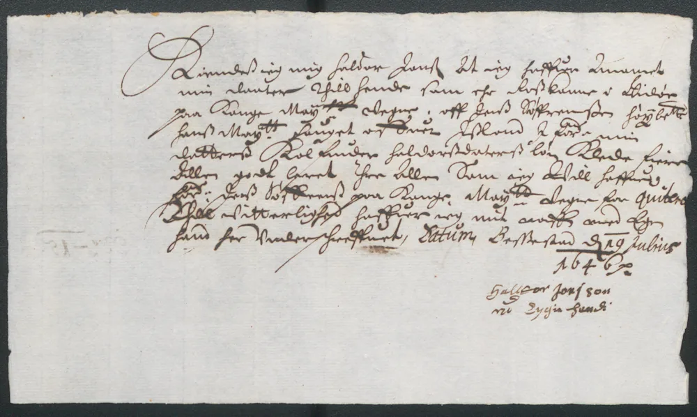 Kvittun fyrir kaupi Kolfinnu Halldórsdóttur ráðskonu á Bessastöðum árið 1646.