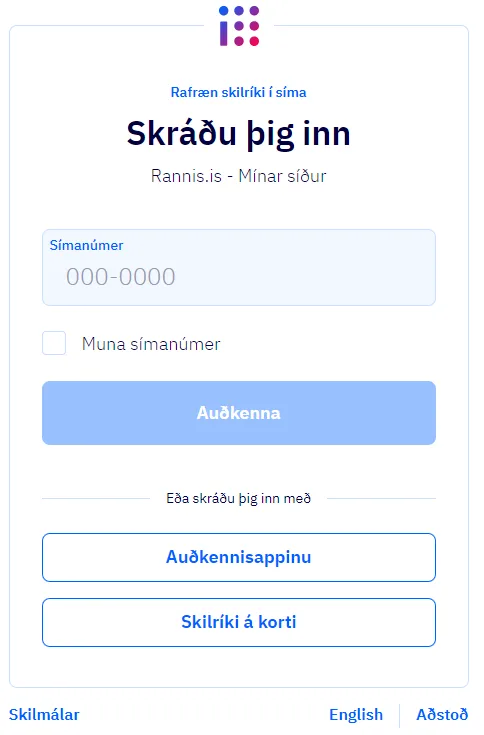 Skjáskot af innskráningarglugga á Mínar síður Rannís þar sem hægt er að velja auðkenningu með auðkennisappinu eða skilríkjum á korti.