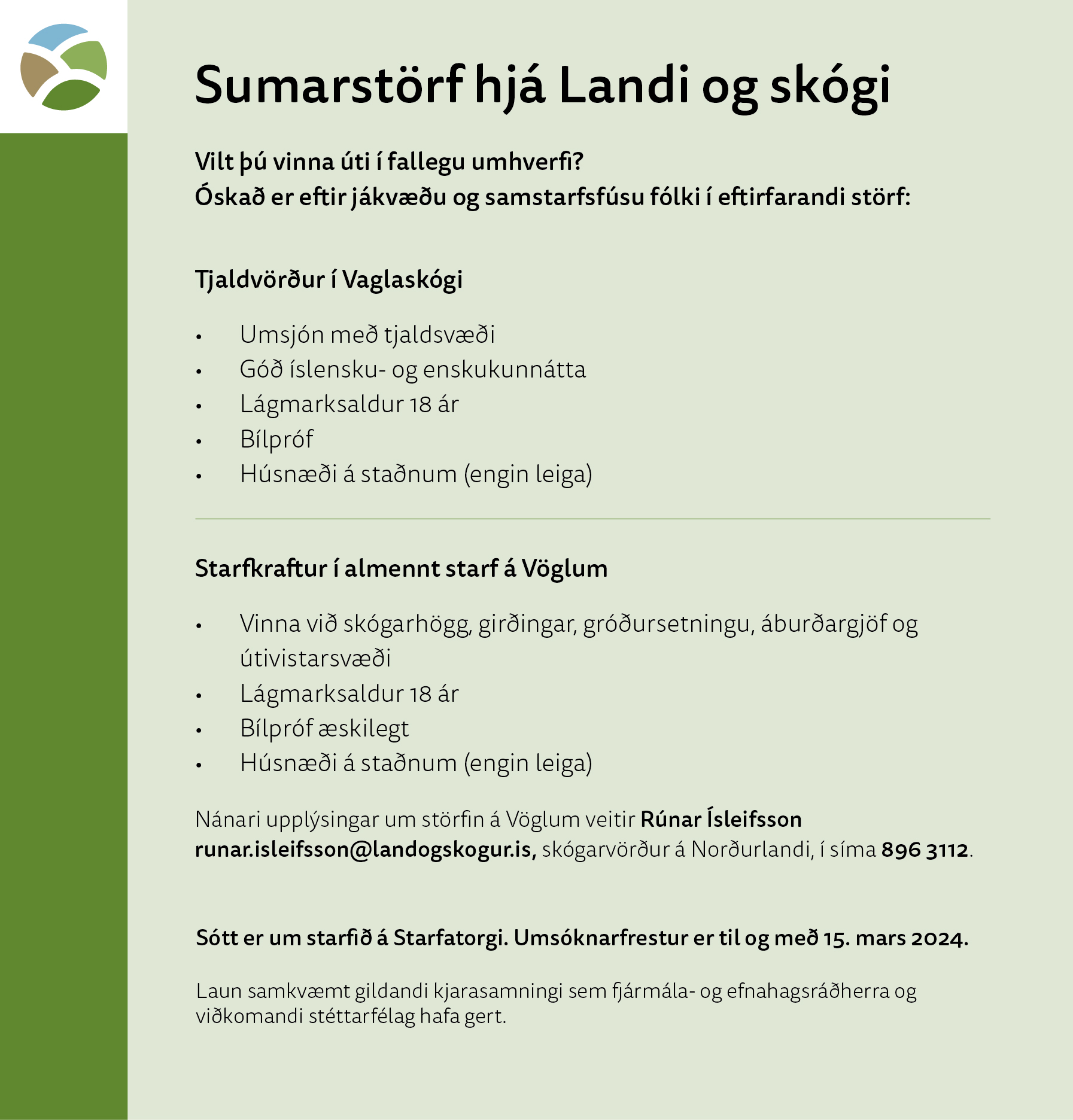 Ad for summer jobs in Vaglir and Tumastaðir