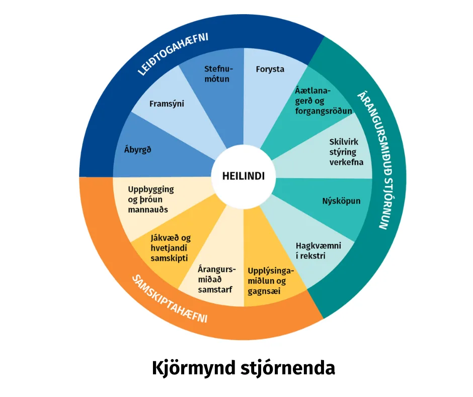 Mynd sem lýsir hæfniþáttum sem lögð er áhersla á í stjórnendastefnu ríkisins.