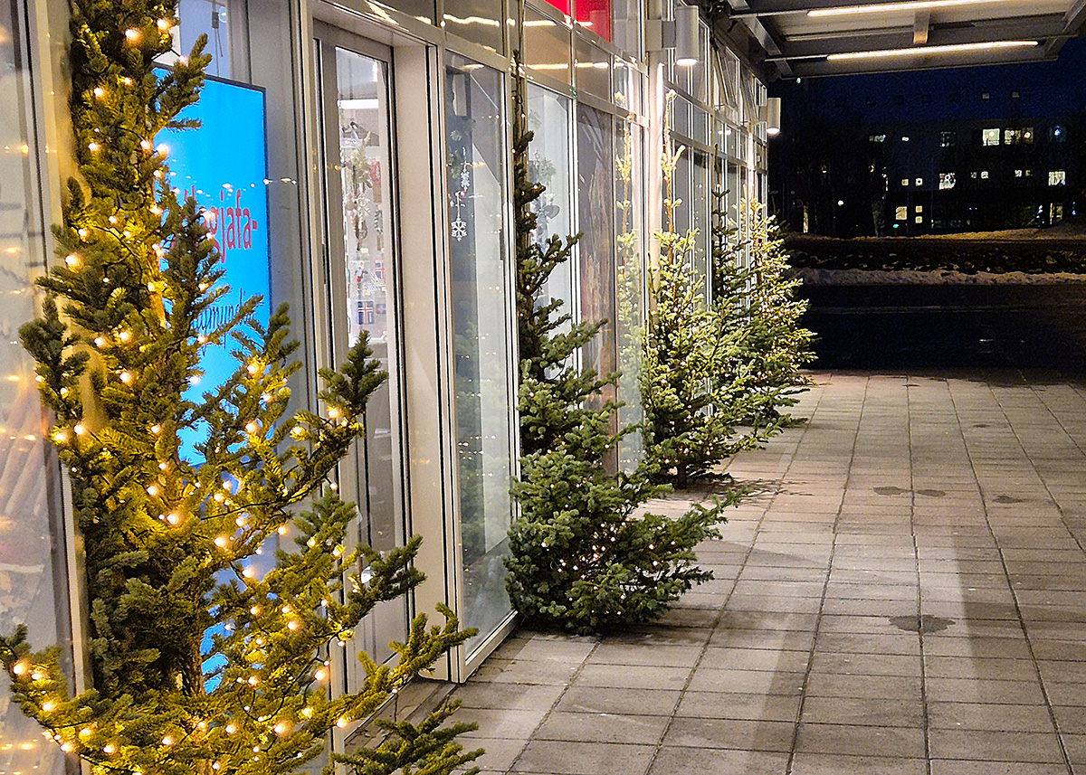 Wall-mounted Christmas trees ona shopping centre in Egilsstaðir. Photo: Þór Þorfinnsson