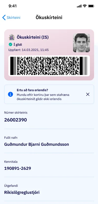 Digital drivers license in the Ísland.is app