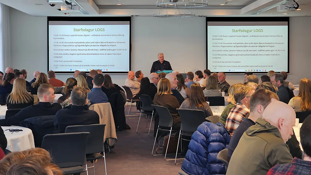 Ágúst Sigurðsson, forstöðumaður Lands og skógar, ávarpar starfsmannafundinn á Hilton Hotel Nordica. Ljósmynd: Pétur Halldórsson