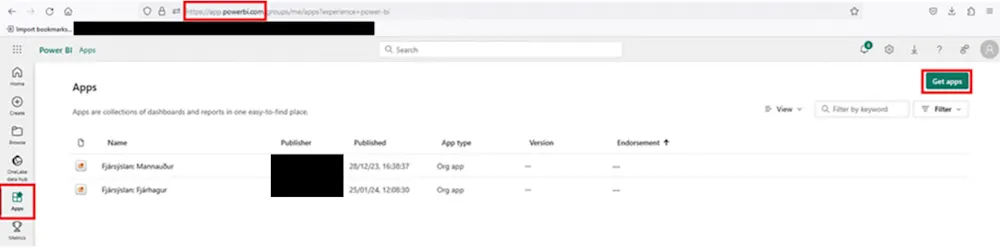 Mynd sem sýnir inni Power BI APPS